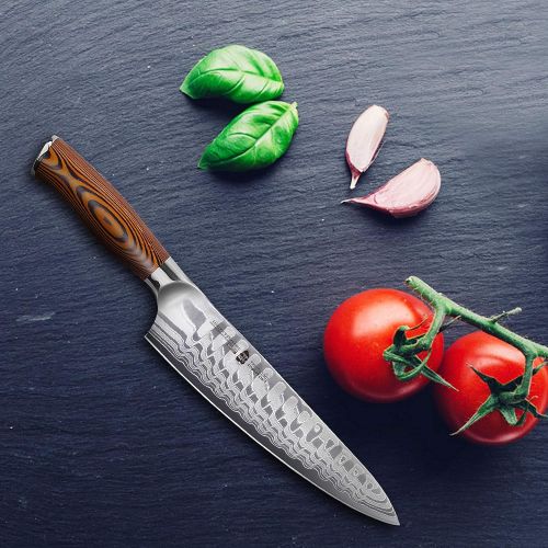  TUO Damascus Chefs Knife - Kitchen Knives - Japanese AUS10 HC 67 Layers Steel with Dragon Pattern - Ergonomic Pakkawood Handle - 8 - Fiery Phoenix Series Including Gift Box