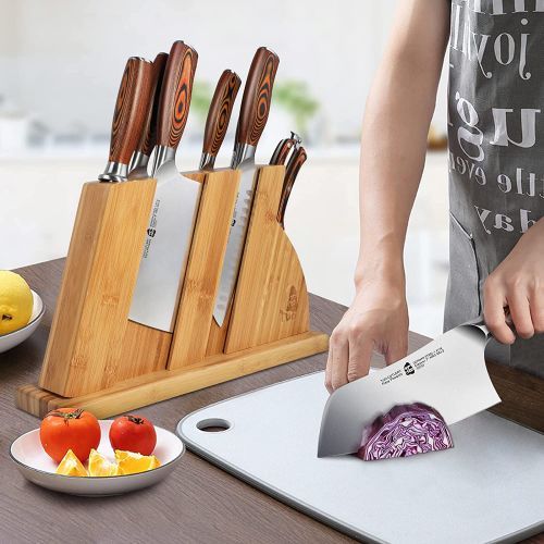  TUO 8-pcs Kitchen Knife Set - Forged German X50CrMoV15 Steel - Rust Resistant - Full Tang Pakkawood Ergonomic Handle - Kitchen Knives Set with Wooden Block - Fiery Phoenix Series