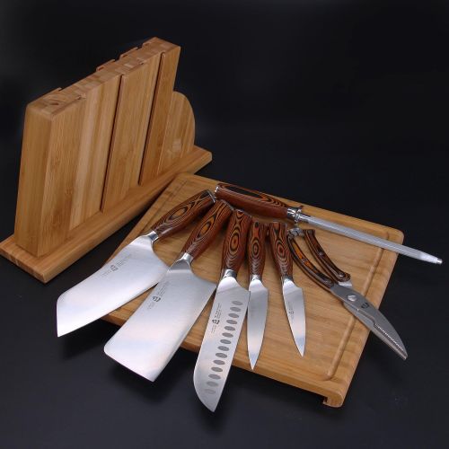  TUO 8-pcs Kitchen Knife Set - Forged German X50CrMoV15 Steel - Rust Resistant - Full Tang Pakkawood Ergonomic Handle - Kitchen Knives Set with Wooden Block - Fiery Phoenix Series