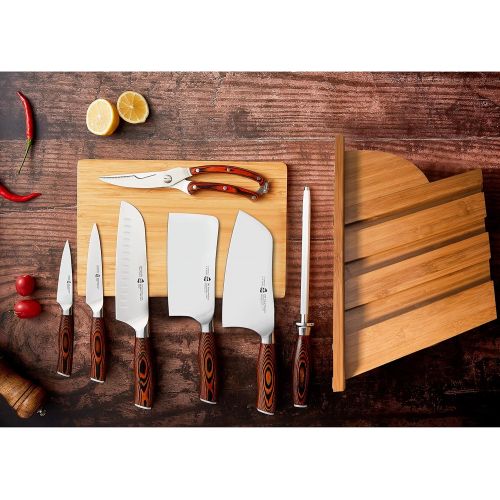  TUO 8-pcs Kitchen Knife Set - Forged German X50CrMoV15 Steel - Rust Resistant - Full Tang Pakkawood Ergonomic Handle - Kitchen Knives Set with Wooden Block - Fiery Phoenix Series