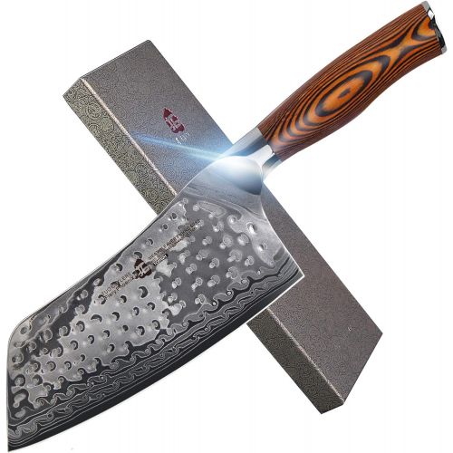  [아마존베스트]TUO Cutlery Cleaver Knife - Japanese AUS-10 Damascus Steel Hammered Finish - Chinese Chefs Knife For Meat And Vegetable With Ergonomic Pakkawood Handle - 7 - Fiery Phoenix Series