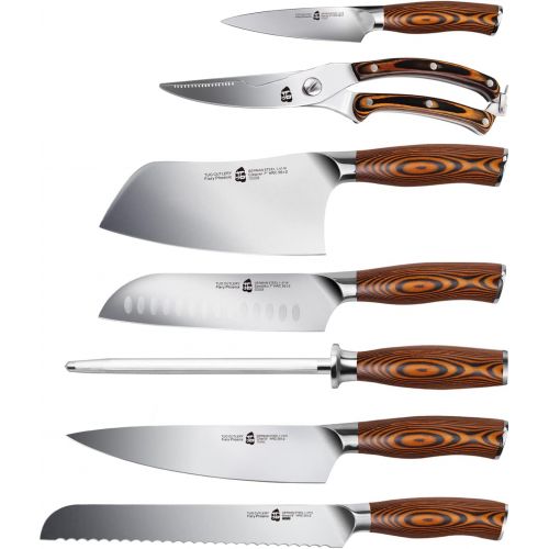  [아마존베스트]TUO Cutlery Knife Set with Wooden Block, Honing Steel and Shears - Forged HC German Steel X50CrMoV15 with Pakkawood Handle - Fiery Series 8pcs Knives Block Set TC0714