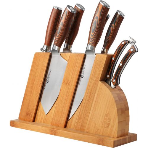  [아마존베스트]TUO Cutlery Knife Set with Wooden Block, Honing Steel and Shears - Forged HC German Steel X50CrMoV15 with Pakkawood Handle - Fiery Series 8pcs Knives Block Set TC0714