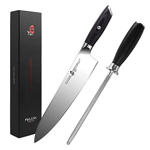  TUO 10 inch Chef Knife with Honing Steel 8 inch Sharpening Rod for Kitchen Knife German HC Steel with Pakkawood Handle FALCON SERIES Gift Box Included