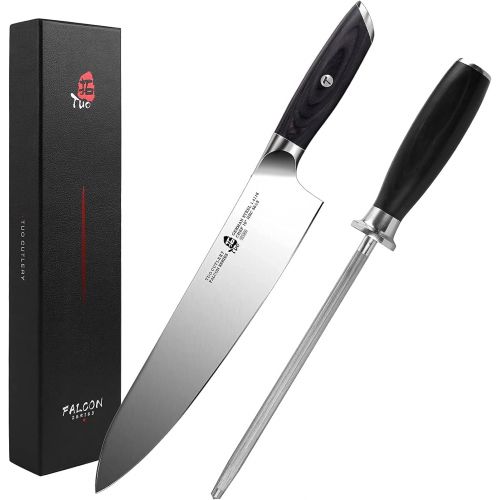  TUO 10 inch Chef Knife with Honing Steel 8 inch Sharpening Rod for Kitchen Knife German HC Steel with Pakkawood Handle FALCON SERIES Gift Box Included