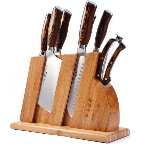  TUO 8 pcs Kitchen Knife Set Forged German X50CrMoV15 Steel Rust Resistant Full Tang Pakkawood Ergonomic Handle Kitchen Knives Set with Wooden Block Fiery Phoenix Series