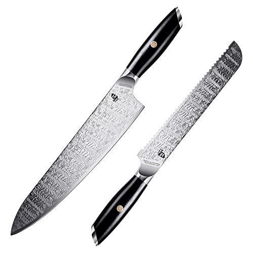  TUO Bread Knife 8 inch&Chef Knife 10 inch AUS 8 Japanese Stainless Steel & G10 Handle FALCON S SERIES with Gift Box