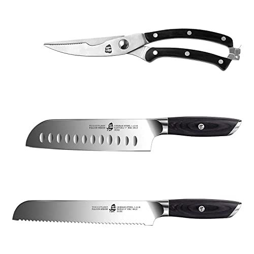  TUO 7 inch Santoku Knife & 8 inch Bread Knife & Kitchen Shears, Kitchen Cooking Knife Cake Knife German HC Steel with Pakkawood Handle FALCON SERIES Gift Box Included