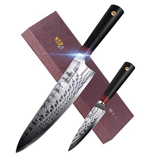  TUO Damascus Kitchen Knife Set, 8 Chef Knife and 3.5 Peeling Paring Knife, Japanese AUS 10 High Carbon Steel, Full Tang Military Grade G10 Handle, Dishwasher Safe Ring D Series, 2