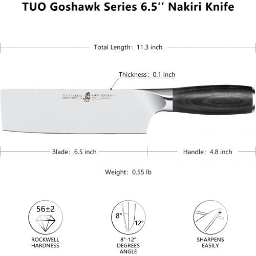  TUO Nakiri Knife 6.5 inch Japanese Chef Knife Vegetable Fruit Cleaver Usuba Knife German HC Super Steel Ergonomic Pakkawood Handle with Gift Box Goshawk Series