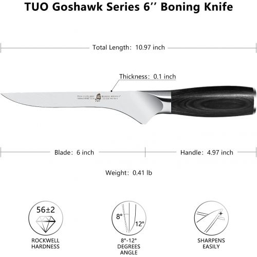  TUO Boning Knife 6 inch Fillet Knife Flexible Fish Knife Deboning Knife German HC Super Steel Ergonomic Pakkawood Handle with Gift Box Goshawk Series