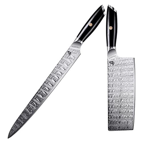  TUO Slicing Knife 12 inch&Nakiri Knife 6.5 inch AUS 8 Japanese Stainless Steel Carving Knife&Vegetable Cleaver Knife with Full Tang G10 Handle Falcon S Series with Gift Box