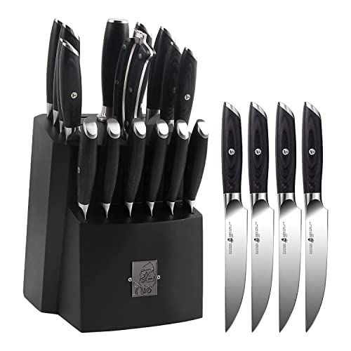  TUO Kitchen Knife Set 17 pcs & Steak Knife Set 4 pcs, Built in Straight and Serrated Steak Knife for Family Dinner, German HC Steel with Pakkawood Handle FALCON SERIES Gift Box I