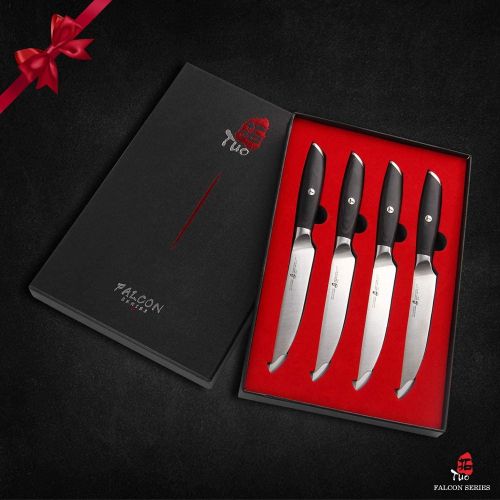  TUO Kitchen Knife Set 17 pcs & Steak Knife Set 4 pcs, Built in Straight and Serrated Steak Knife for Family Dinner, German HC Steel with Pakkawood Handle FALCON SERIES Gift Box I