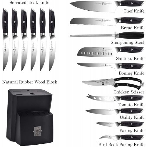  TUO Kitchen Knife Set 17 pcs & Steak Knife Set 4 pcs, Built in Straight and Serrated Steak Knife for Family Dinner, German HC Steel with Pakkawood Handle FALCON SERIES Gift Box I