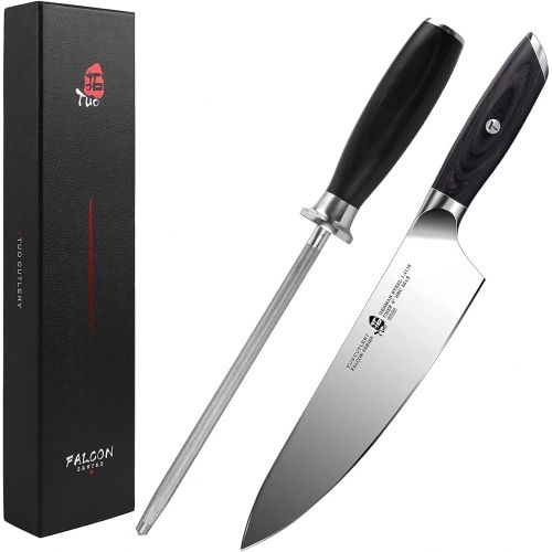  TUO 8 inch Chef Knife with Honing Steel 8 inch Sharpening Rod for Kitchen Knife German HC Steel with Pakkawood Handle FALCON SERIES Gift Box Included