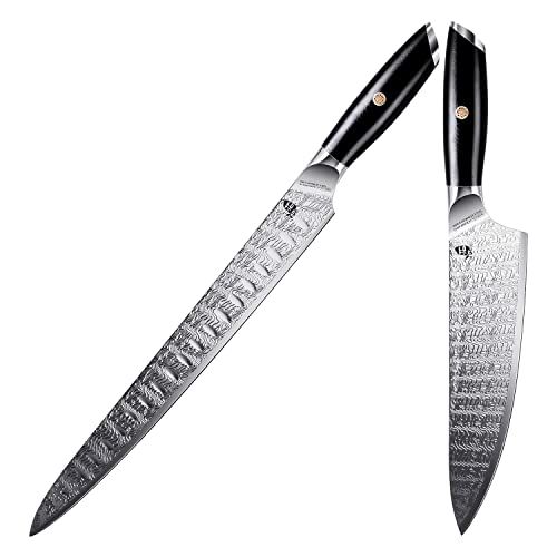  TUO Chef Knife 8 inch&Slicing Knife 12 inch made of AUS 8 Japanese Stainless Steel, Pro Kitchen Knife&Carving Knife with Ergonomic G10 Handle, FALCON S SERIES with Gift Box