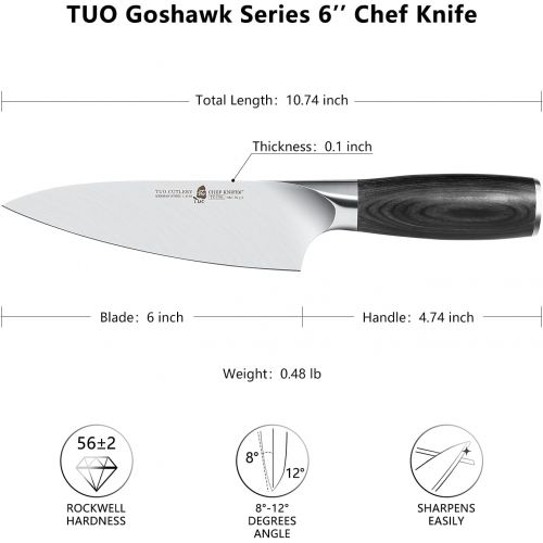  TUO 6 inch Chef Knife, Kitchen Knife Gyuto Chef Knife, German High Carbon Stainless Steel, Comfortable Pakkawood Handle, Full Tang with Gift Box, Goshawk Series