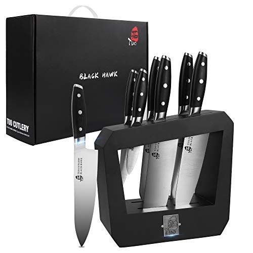  TUO Knife Block Set 7 piece Kitchen Knife Set with Wooden Block, Kitchen Chef Knife Set Ergonomic Pakkawood Handle German HC Steel BLACK HAWK SERIES with Gift Box