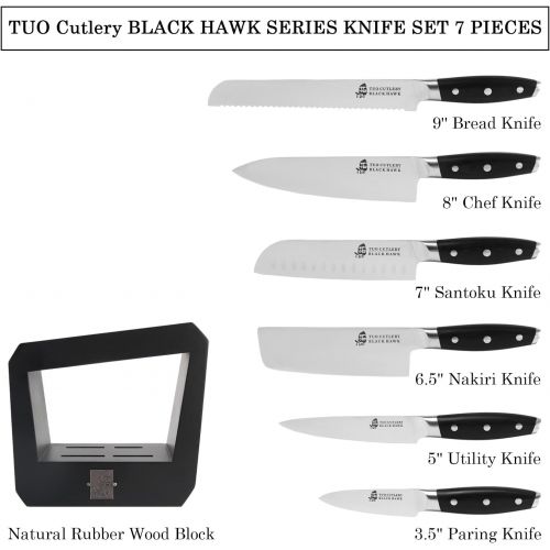  TUO Knife Block Set 7 piece Kitchen Knife Set with Wooden Block, Kitchen Chef Knife Set Ergonomic Pakkawood Handle German HC Steel BLACK HAWK SERIES with Gift Box