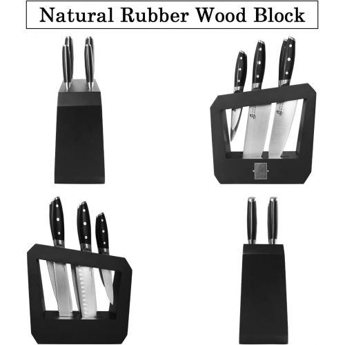  TUO Knife Block Set 7 piece Kitchen Knife Set with Wooden Block, Kitchen Chef Knife Set Ergonomic Pakkawood Handle German HC Steel BLACK HAWK SERIES with Gift Box