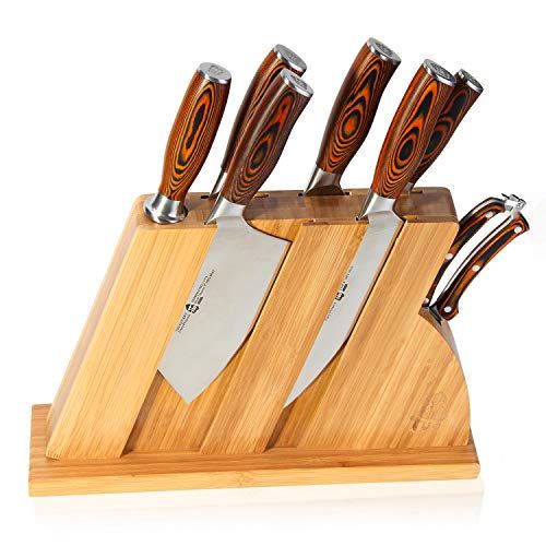  TUO Knife Set 8pcs, Japanese Kitchen Chef Knives Set with Wooden Block, including Honing Steel and Shears, Forged German HC Steel with comfortable Pakkawood Handle, Fiery Series Co