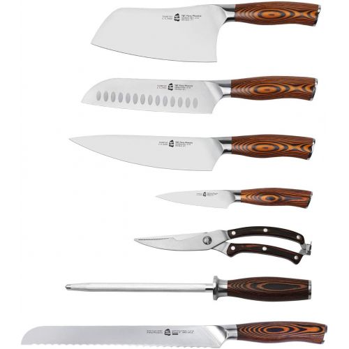  TUO Knife Set 8pcs, Japanese Kitchen Chef Knives Set with Wooden Block, including Honing Steel and Shears, Forged German HC Steel with comfortable Pakkawood Handle, Fiery Series Co