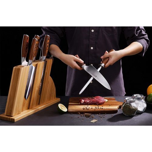  TUO Knife Set 8pcs, Japanese Kitchen Chef Knives Set with Wooden Block, including Honing Steel and Shears, Forged German HC Steel with comfortable Pakkawood Handle, Fiery Series Co