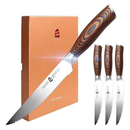  TUO Steak Knife Set of 4, Serrated Steak Knife 5 Inch Sharp Table Knives Durable Dinner Knife Boxed Set, Forged German Stainless Steel Full Tang Pakkawood Handle, Fiery Phoenix Ser