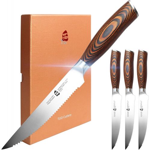  TUO Steak Knife Set of 4, Serrated Steak Knife 5 Inch Sharp Table Knives Durable Dinner Knife Boxed Set, Forged German Stainless Steel Full Tang Pakkawood Handle, Fiery Phoenix Ser