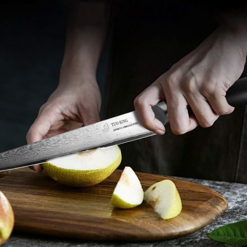  TUO 6 inch Utility Knife Japanese AUS 10 HC Stainless Steel Damascus Blade Slicing Peeling Multi Purpose Kitchen Knife with Dishwasher Proof G10 Handle RING DM Series