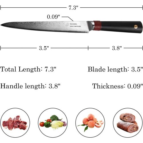  TUO 6 inch Utility Knife Japanese AUS 10 HC Stainless Steel Damascus Blade Slicing Peeling Multi Purpose Kitchen Knife with Dishwasher Proof G10 Handle RING DM Series