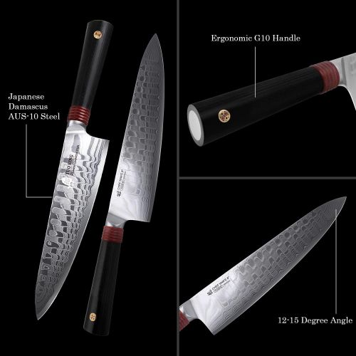  TUO Damascus Knife Set with Wooden Block Professional Kitchen Knife Set Japanese AUS 10 Damascus Steel & Full Tang G10 Handle Ring D Series 6 pcs Knife Set with Gift Box