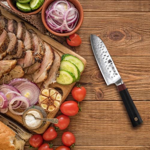  TUO Santoku Knife, 5.5” Japanese High Carbon Damascus Stainless Steel Blade, Dishwasher Safe, Black Fiberglass Handle, Asian Kitchen Knife For Home And Restaurant, Includes Gift Bo