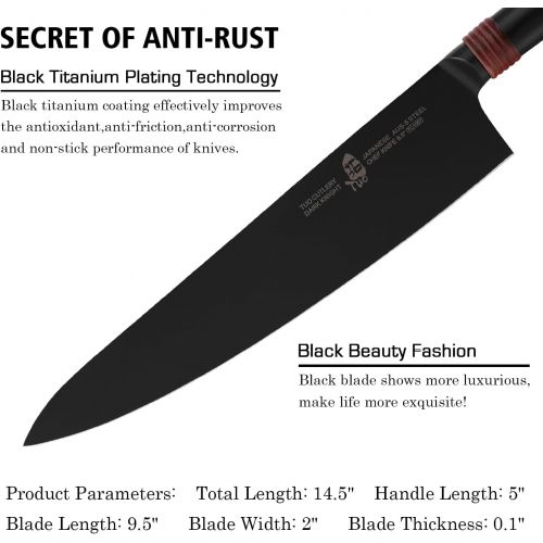  TUO Chef Knife 9.5 Japanese Gyuto Knife Razor Sharp Chefs Knives Black Titanium Coated Blade Japanese AUS 8 Stainless Steel Ergonimic Pakkawood Handle Dark Knight Series with
