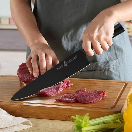  TUO Chef Knife 9.5 Japanese Gyuto Knife Razor Sharp Chefs Knives Black Titanium Coated Blade Japanese AUS 8 Stainless Steel Ergonimic Pakkawood Handle Dark Knight Series with