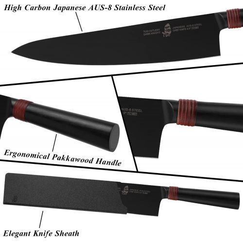  TUO Chef Knife 9.5 Japanese Gyuto Knife Razor Sharp Chefs Knives Black Titanium Coated Blade Japanese AUS 8 Stainless Steel Ergonimic Pakkawood Handle Dark Knight Series with