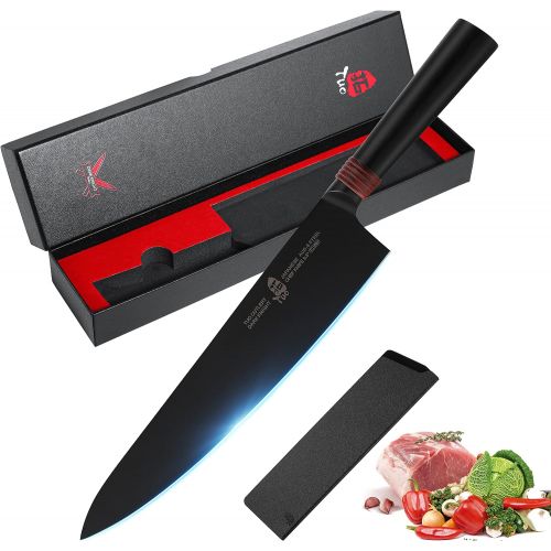  TUO Chef Knife 9.5 Japanese Gyuto Knife Razor Sharp Chefs Knives Black Titanium Coated Blade Japanese AUS 8 Stainless Steel Ergonimic Pakkawood Handle Dark Knight Series with
