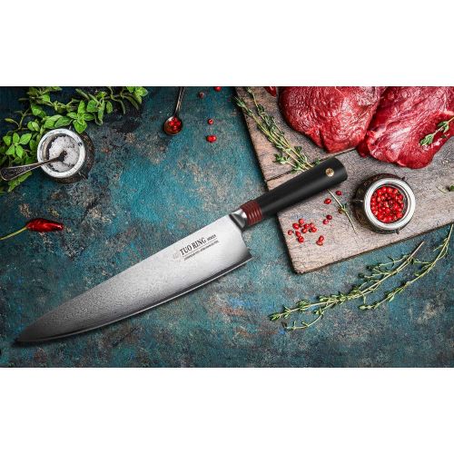  TUO Damascus Chefs Knife, 9.5 Mltipurpose Sharp Kitchen Knife, Japanese AUS 10 High Carbon Stainless Steel, Full Tang Military Grade G10 Handle, Dishwasher Safe Ring RC Series