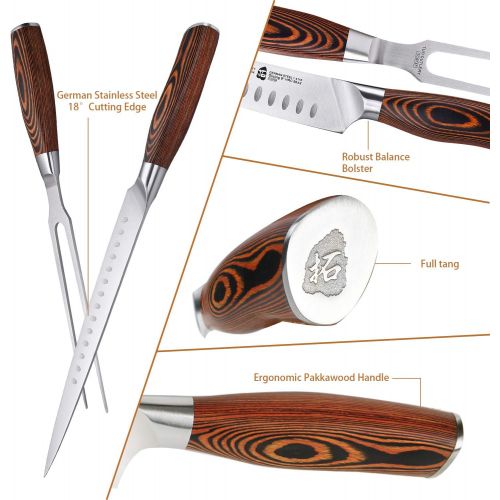  TUO Slicing Set 9 Carving Knife & 7 Fork Hollow Ground German Stainless Steel Carving Knife and Fork Set 2 Pcs Pakkawood Handle Luxurious Gift Box Included Fiery Phoenix