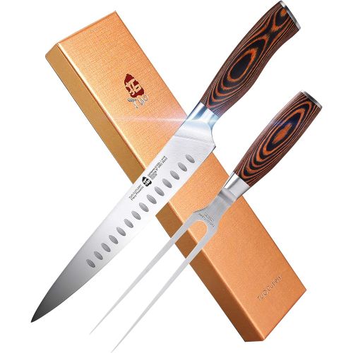  TUO Slicing Set 9 Carving Knife & 7 Fork Hollow Ground German Stainless Steel Carving Knife and Fork Set 2 Pcs Pakkawood Handle Luxurious Gift Box Included Fiery Phoenix