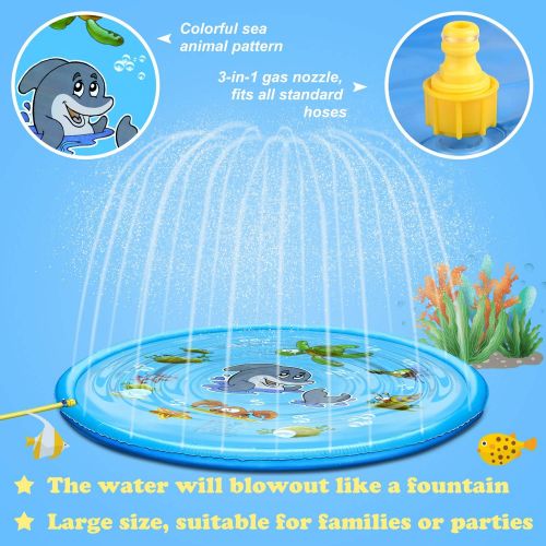  TUPARKA Upgraded Splash Pad Outdoor Sprinkler Mat Inflatable Water Toys， Summer Backyard Fun Water Toys for Children, Blue Ocean Large Splash Play Mat,68 inch/170cm