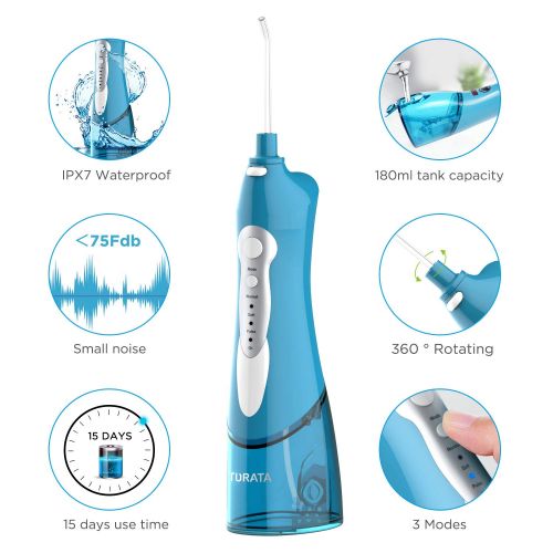  Cordless Water Flosser Oral Irrigator - TURATA IPX7 Waterproof 3-Mode USB Rechargeable...