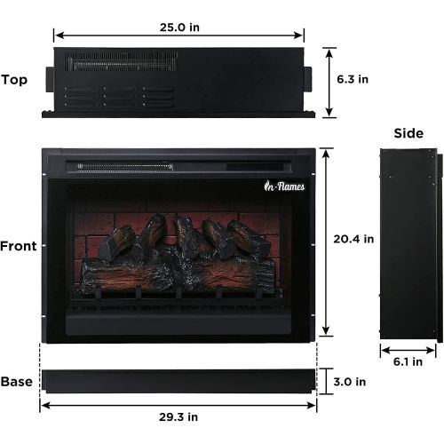  TURBRO in-Flames 28 Inch in-Wall Recessed Electric Fireplace Insert - Realistic Wood Log, 3D Adjustable Flame Effects, Infrared Quartz, Thermostat, and Timer - INF28-3D
