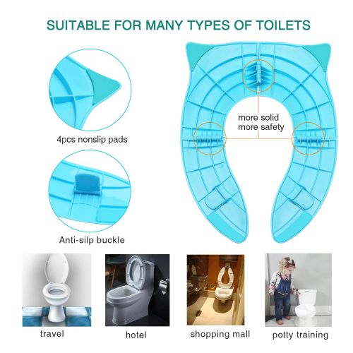  [아마존베스트]TURN RAISE Kids Travel Potty Seat,Foldable Potty Training Toilet Seat Covers with Carry Bag for Toddlers,Babies,Girls, Portable Non Slip Silicone Pads Safety Design (Blue)