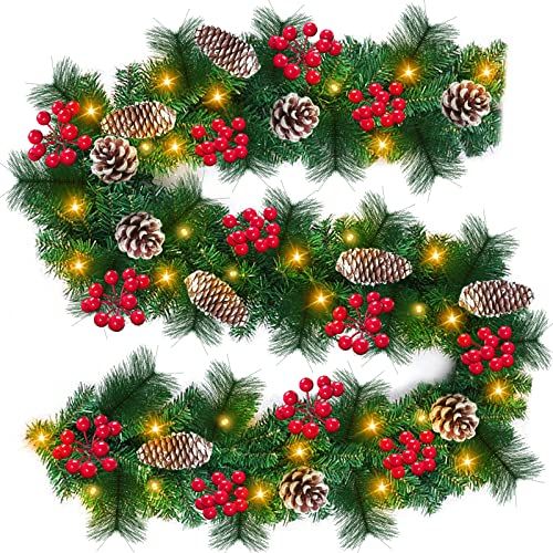  TURNMEON 6 Ft by 10 Inch Prelit Christmas Garland Decoration 50 Lights Timer 8 Modes 12 Snowy Pinecones 132 Red Berries 20 Pine Needles Battery Operated Christmas Decor Home Indoor