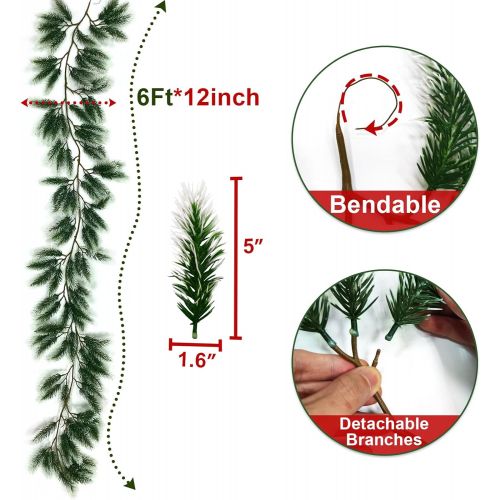 TURNMEON 6 Ft by 12 Inch Snow Flocked Christmas Garland Decoration Realistic Feel Artificial Pine Greenery Garland Christmas Decoration Indoor Outdoor Home Mantle Fireplace Holiday