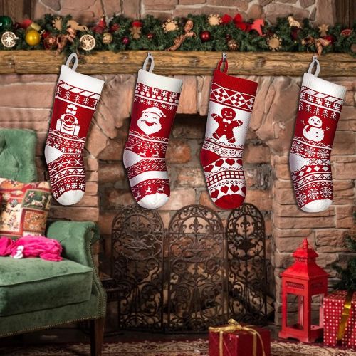  TURNMEON 4 Pack 18 Knit Christmas Stockings, Extra Large Xmas Stockings Decoration Santa Snowman Reindeer Tree Gingerbread Solider Xmas Character for Family Holiday Christmas Tree Ornaments