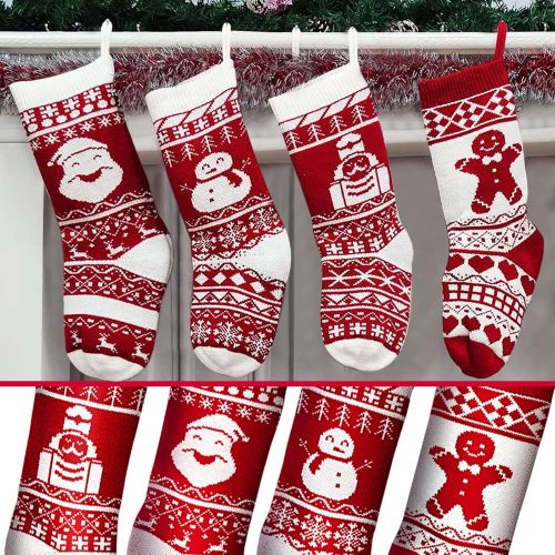  TURNMEON 4 Pack 18 Knit Christmas Stockings, Extra Large Xmas Stockings Decoration Santa Snowman Reindeer Tree Gingerbread Solider Xmas Character for Family Holiday Christmas Tree Ornaments