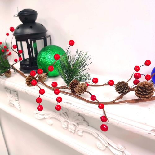  TURNMEON 6 Foot Christmas Garland Decor with Pine Cones Red Berries Bristle Pine Garland Xmas Decoration Indoor Outdoor Home Mantle Fireplace Holiday Decor